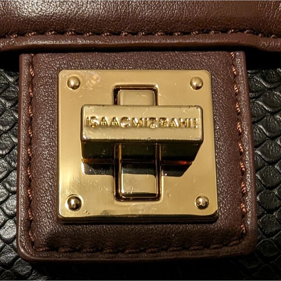 Isaac Mizrahi Black Brown Genuine Textured Snakeskin Embossed Leather Crossbody - Picture 4 of 11